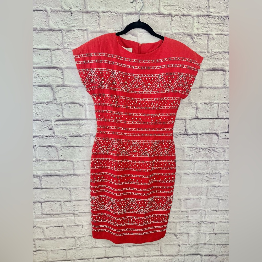 ET AL Red Linen‎ Blend Embellished Beaded Sheath Dress Vintage Size 4 Pre-Owned